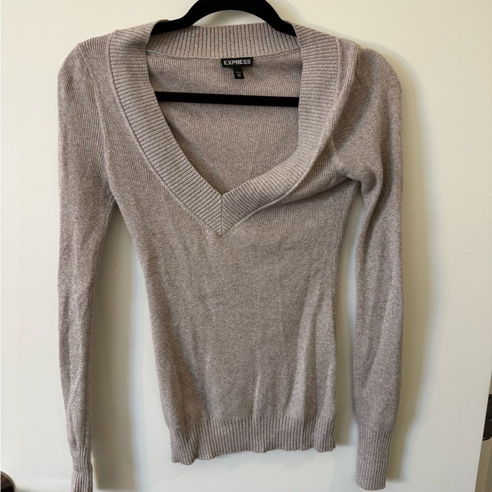 Express Women's Taupe Deep V-Neck Sweater